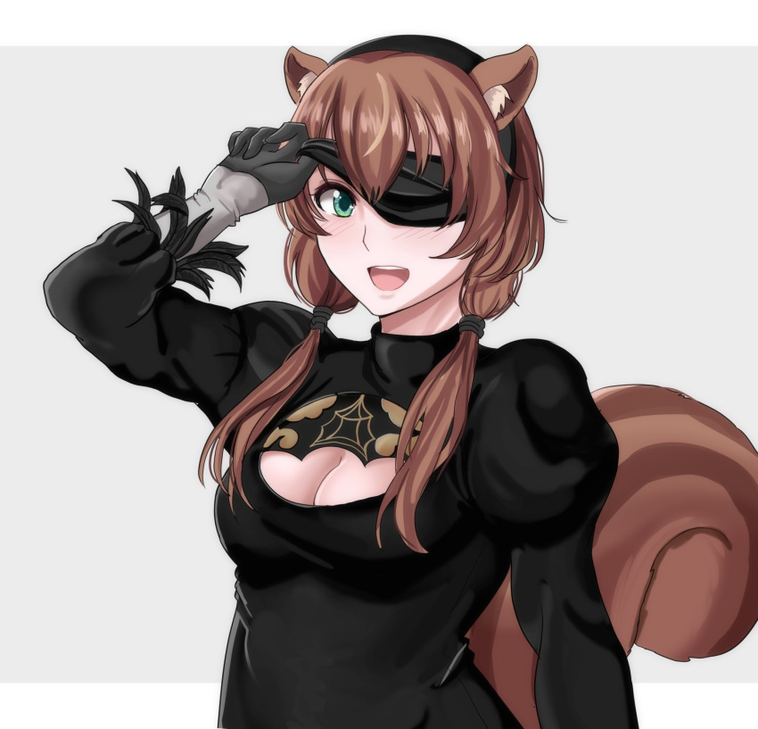 2b_(nier:automata) 2b_(nier:automata)_(cosplay) :d animal_ear_fluff animal_ears ayunda_risu black_gloves blindfold blindfold_lift blush breasts brown_hair cleavage cleavage_cutout clothing_cutout cosplay drie female gloves green_eyes grey_background highres hololive hololive_indonesia juliet_sleeves long_sleeves nier:automata nier_(series) one_eye_covered open_mouth puffy_sleeves small_breasts smile solo squirrel_ears squirrel_girl squirrel_tail tail twintails virtual_youtuber