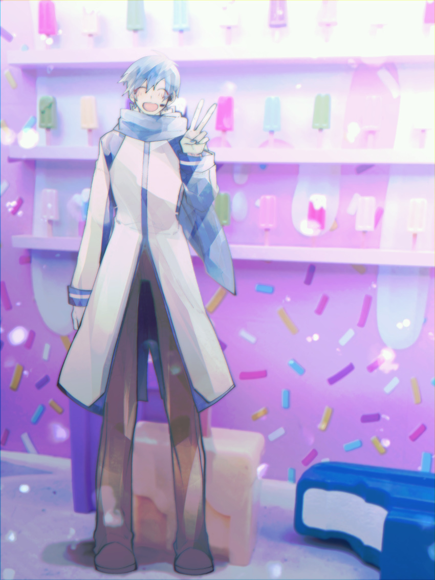 1boy absurdres binggwaryu blue_hair blue_scarf blurry bokeh brown_pants closed_eyes coat commentary depth_of_field facing_viewer food full_body hand_up highres ice_cream kaito_(vocaloid) male_focus open_mouth oversized_food oversized_object pants scarf shelf smile solo sprinkles standing symbol-only_commentary v vocaloid white_coat