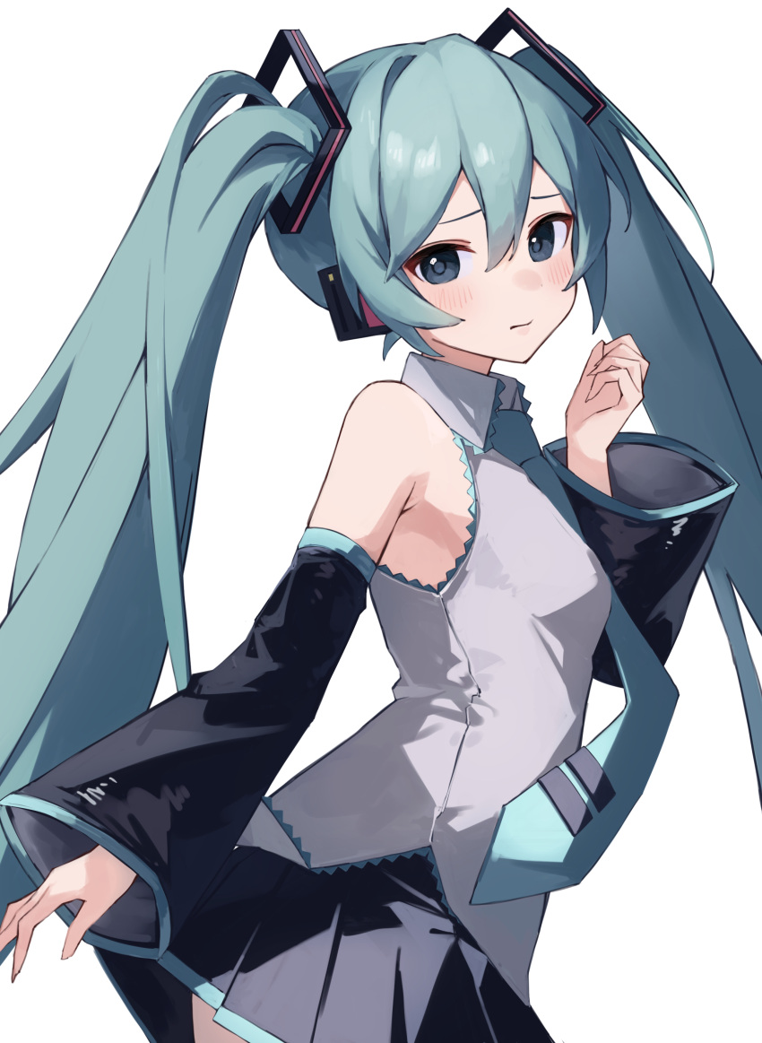 absurdres aqua_eyes aqua_hair aqua_necktie armpit_crease bare_shoulders black_skirt black_sleeves blush closed_mouth collared_shirt commentary detached_sleeves female from_side grey_shirt hair_between_eyes hair_ornament hand_up hatsune_miku headphones highres long_hair looking_at_viewer looking_to_the_side necktie pleated_skirt rakugaki_ningen shirt skirt sleeveless sleeveless_shirt solo twintails upper_body very_long_hair vocaloid white_background