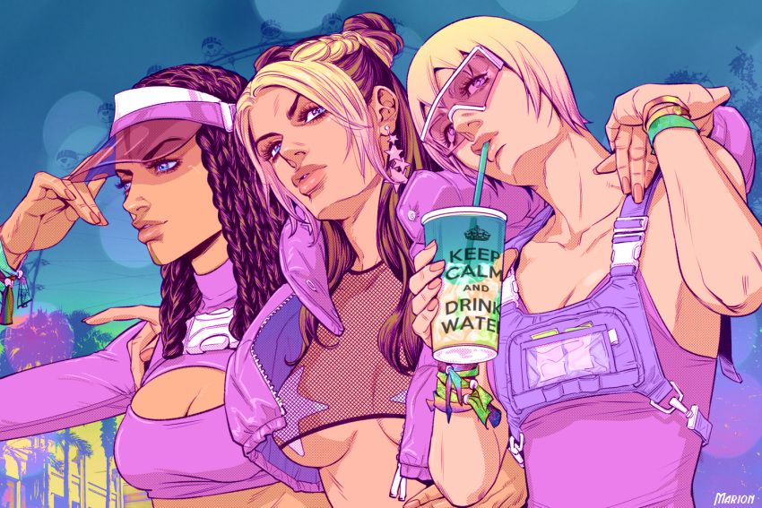 3girls adjusting_clothes adjusting_headwear arm_around_shoulder artist_name bad_id bad_pixiv_id black_hair blonde_hair blue_eyes bracelet breasts cleavage cleavage_cutout clothing_cutout collarbone crop_top cropped_jacket cup day double_bun dreadlocks drinking drinking_straw drinking_straw_in_mouth earrings english_text ermes_costello ferris_wheel fishnet_top fishnets foo_fighters_(jojo) green_eyes hair_bun hat jewelry jojo_no_kimyou_na_bouken keep_calm_and_carry_on kujo_jolyne lips long_hair looking_at_viewer marion-ville medium_breasts midriff multicolored_hair multiple_girls outdoors overalls parted_bangs power_lines see-through short_hair sleeveless star_(symbol) star_earrings star_print stone_ocean sunglasses tree turtleneck two-tone_hair underboob unzipped upper_body visor_cap wristband zipper