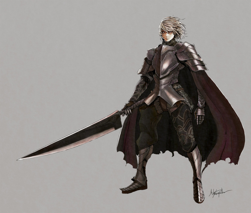 1boy absurdres armor breastplate cape chainmail closed_mouth fantasy full_body gauntlets greaves grey_background grey_hair hair_between_eyes highres holding holding_sword holding_weapon huge_weapon male_focus original palow pauldrons purple_eyes shoulder_armor signature simple_background solo sword torn torn_cape torn_clothes vambraces weapon