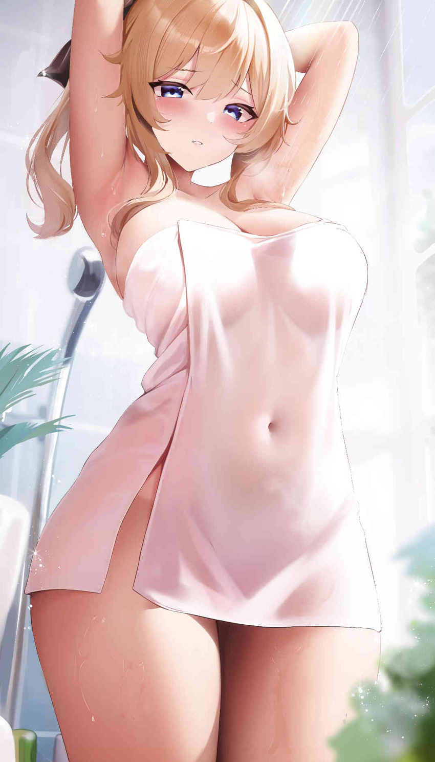 armpits arms_behind_head arms_up bathroom blonde_hair blue_eyes blush breasts chinese_commentary cleavage commentary_request covered_navel embarrassed fantongjun female furrowed_brow genshin_impact half-closed_eyes highres impossible_towel indoors jean_(genshin_impact) jpeg_artifacts large_breasts legs_together long_hair looking_at_viewer naked_towel parted_lips partial_commentary ponytail presenting_armpit raised_eyebrows shower_head showering sidelocks solo standing thighs towel wet wet_towel