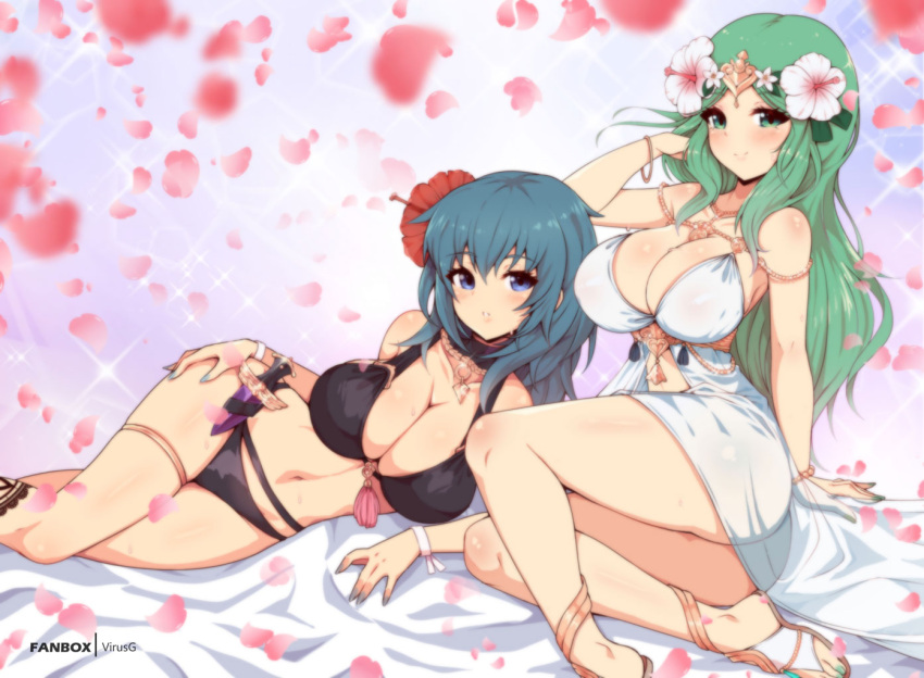 2girls alternate_costume ass bikini black_bikini blue_eyes breasts byleth_(female)_(fire_emblem) byleth_(female)_(summer)_(fire_emblem) byleth_(fire_emblem) cleavage dress_swimsuit feet_out_of_frame fire_emblem fire_emblem:_three_houses fire_emblem_heroes flower green_eyes green_hair hair_flower hair_ornament hibiscus large_breasts long_hair lying multiple_girls navel official_alternate_costume on_side rhea_(fire_emblem) rhea_(summer)_(fire_emblem) sandals swimsuit thighlet virus-g