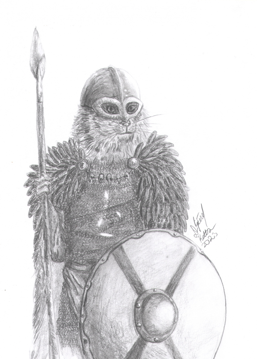 anthro armor clothing domestic_cat felid feline felis female fur graphite_(artwork) greyscale headgear helmet hi_res lied_etal mammal melee_weapon monochrome norwegian_forest_cat pencil_(artwork) polearm shield signature simple_background solo spear traditional_media_(artwork) weapon white_background