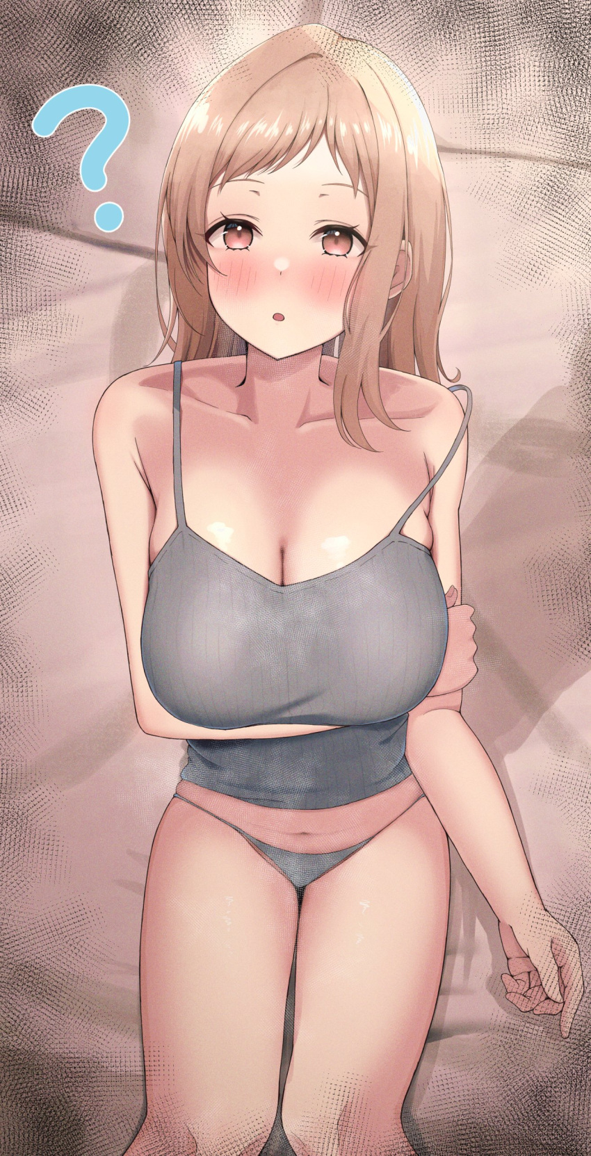 ? absurdres ashulunlun blush breasts camisole cleavage collarbone feet_out_of_frame female grey_camisole grey_panties groin highres holding_own_arm idolmaster idolmaster_shiny_colors large_breasts light_brown_hair looking_at_viewer looking_up medium_hair midriff navel nose_blush panties ribbed_camisole sakuragi_mano shadow sitting solo strap_slip string_panties underwear underwear_only