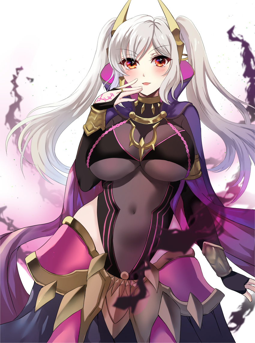 absurdres aura black_gloves bodystocking breasts bridal_gauntlets cleavage clothing_cutout covered_navel cowboy_shot dark_aura dark_persona eyes_of_grima female fire_emblem fire_emblem_awakening fire_emblem_cipher fire_emblem_heroes gloves grey_hair grima_(fire_emblem) hand_tattoo highres large_breasts looking_at_viewer official_alternate_costume red_eyes robin_(female)_(fell_tactician)_(fire_emblem) robin_(female)_(fire_emblem) robin_(fire_emblem) see-through see-through_cleavage simple_background smile solo tara_(szzj7733) tattoo twintails v-shaped_eyebrows white_background