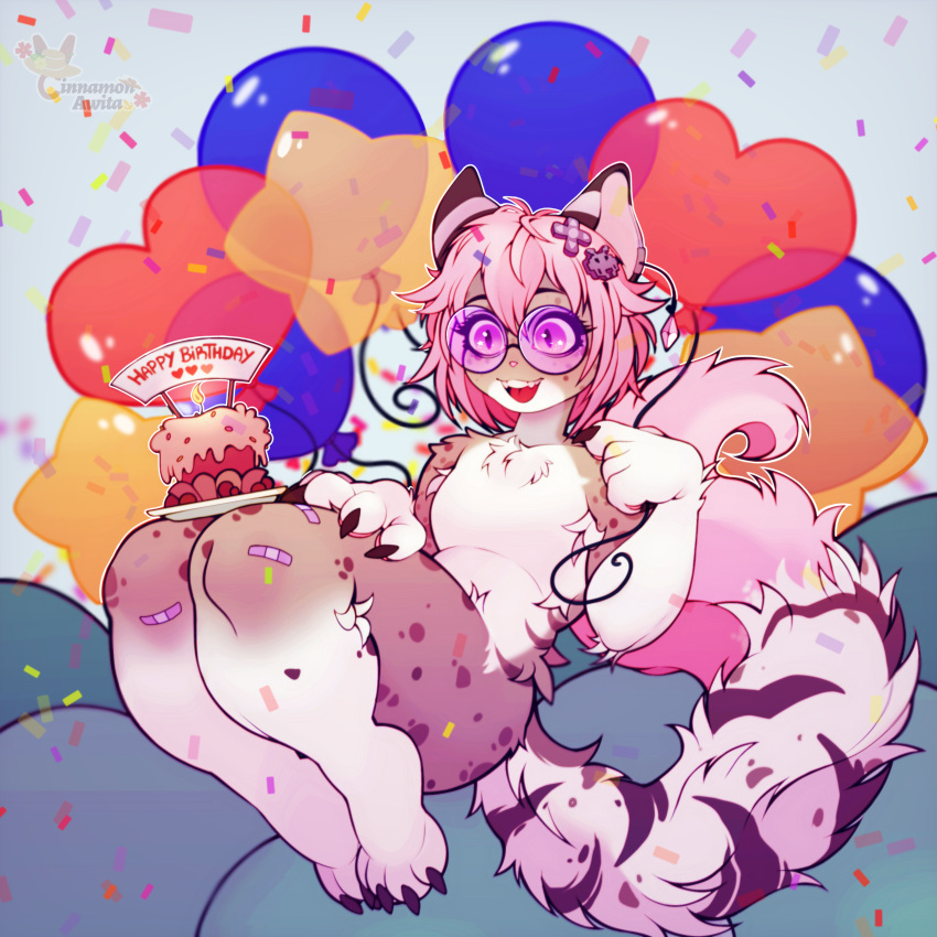 1:1 absurd_res accessory anthro balloon band-aid bandage belly birthday birthday_cake cake cinnamon_awita dessert domestic_cat eyewear felid feline felis female fluffy food fur fynnley_(character) glasses grey_body grey_fur hair hair_accessory hairpin happy hi_res inflatable leg_markings mammal markings mixed_breed pink_hair savannah_cat socks_(marking) solo space_invaders square_enix taito white_belly