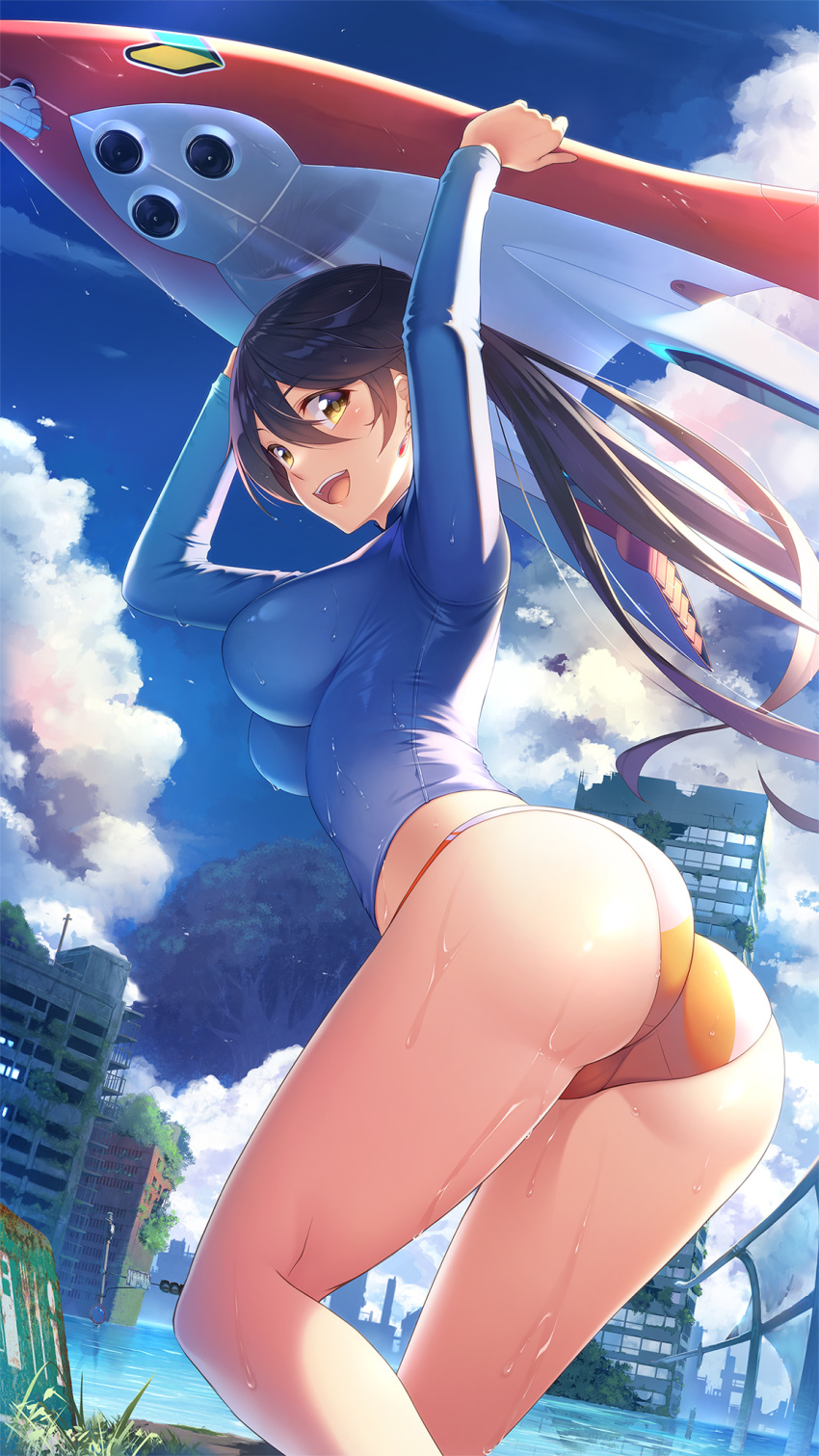 :d arms_up ass backlighting bikini bikini_bottom_only black_hair blue_sky blush breasts building carrying_overhead city cloud crotch_seam day dripping dutch_angle earrings female flood from_behind giant_tree hair_between_eyes highres impossible_clothes jewelry koikeya large_breasts leaning_forward long_hair looking_at_viewer looking_back open_mouth orange_bikini original outdoors overgrown photoshop_(medium) post-apocalypse railing rash_guard reflection road_sign ruins science_fiction shiny_clothes shiny_skin shoshinsha_mark sign sky smile solo standing sunlight swimsuit traffic_light tree twisted_torso water watercraft wet yellow_eyes