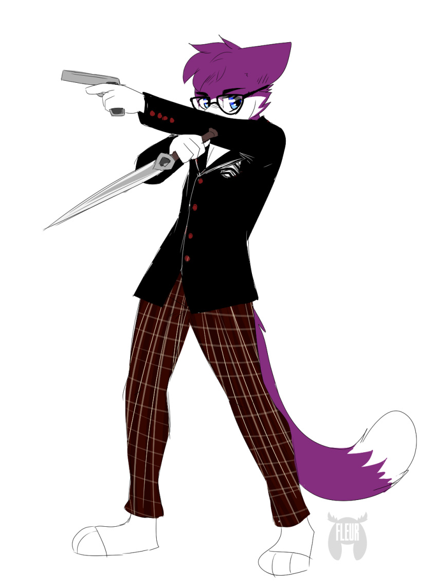 2019 anthro atlus blue_eyes character_request cheek_tuft clothed clothing dagger domestic_cat eyewear facial_tuft felid feline felis fleurfurr fur glasses gun hair hi_res iori_katsumi male mammal megami_tensei megami_tensei_persona melee_weapon monotone_hair multicolored_body multicolored_fur persona_(series) persona_5 purple_body purple_ears purple_fur purple_hair purple_tail ranged_weapon ren_amamiya sega simple_background solo tail tuft two_tone_body two_tone_fur two_tone_tail watermark weapon white_body white_fur white_tail