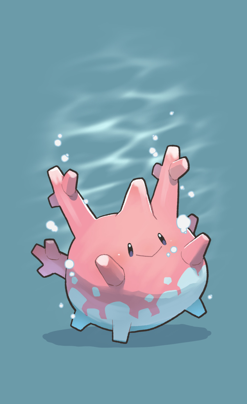 :> air_bubble black_eyes bubble closed_mouth commentary_request corsola full_body green_background happy highres no_humans pokemon pokemon_(creature) simple_background smile solo underwater yunosuke