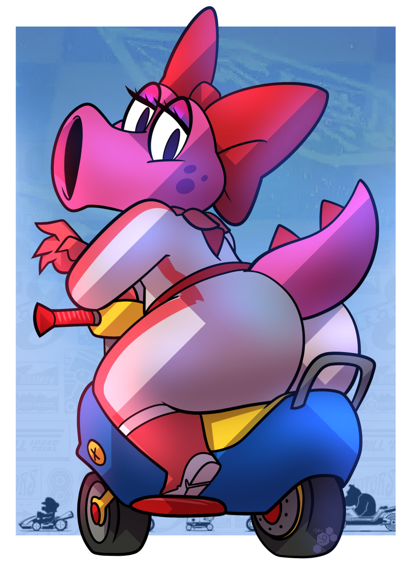 2023 absurd_res alpha_channel anthro ass avian big_butt bird birdo birdo_(character) boots bow_ribbon butt_focus clothed clothing eyelashes female footwear fully_clothed hi_res huge_butt looking_at_viewer looking_back looking_back_at_viewer mario_bros mario_kart motorcycle nintendo pink_body potoobrigham rear_view siphon_(anatomy) sitting solo spiked_tail spikes spikes_(anatomy) tail thick_thighs vehicle