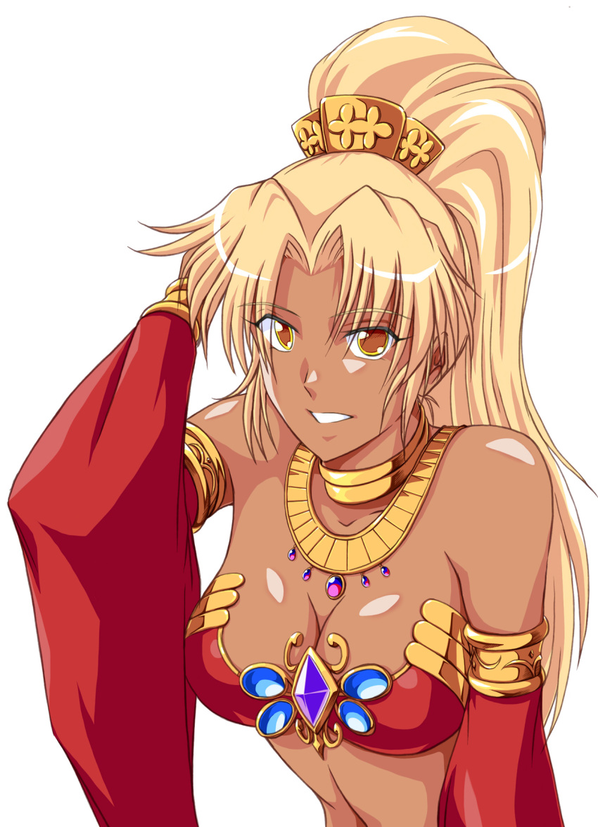 akuron_(acllon) armlet blonde_hair breasts cleavage dark-skinned_female dark_skin detached_sleeves female hair_intakes hand_up high_ponytail highres jewelry looking_at_viewer navel neck_ring orange_eyes parted_lips sasha_(sennen_sensou_aigis) sennen_sensou_aigis simple_background solo upper_body usekh_collar white_background