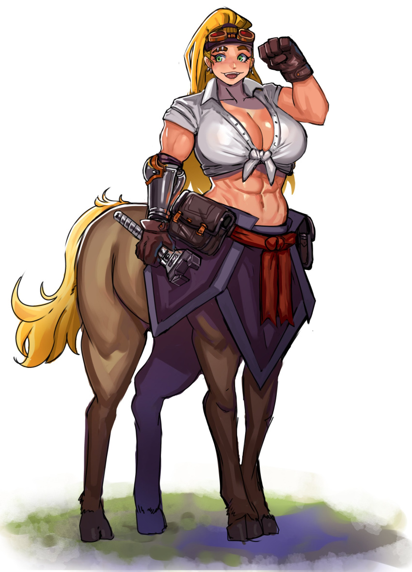 :d abs absurdres belt_pouch blacksmith blonde_hair breasts brown_gloves centaur cleavage clenched_hand collarbone collared_shirt commission earrings english_commentary eyebrow_piercing ezzydraws female full_body gauntlets gloves goggles goggles_on_head grass green_eyes groin hand_up highres holding holding_wrench horse_tail jewelry large_breasts leather leather_gloves long_hair looking_at_viewer midriff monster_girl multiple_legs navel open_mouth original piercing pouch shadow shirt simple_background single_gauntlet smile solo standing tail taur teeth tied_shirt upper_teeth_only waist_cape white_background white_shirt wrench