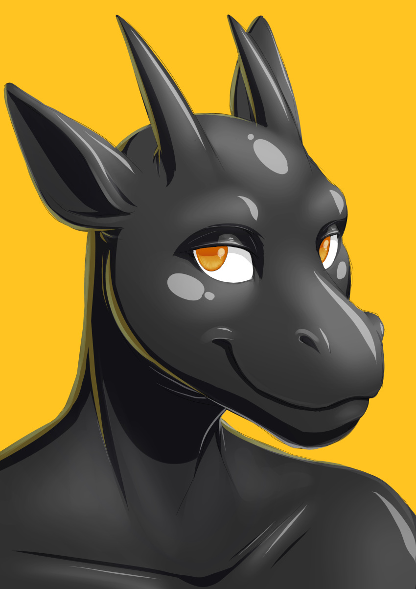 absurd_res anthro bust_portrait digital_drawing_(artwork) digital_media_(artwork) dirtybird dragon glistening hi_res horn huge_filesize latex male mythological_creature mythological_scalie mythology orange_background orange_eyes portrait resin_drake scalie simple_background smile solo