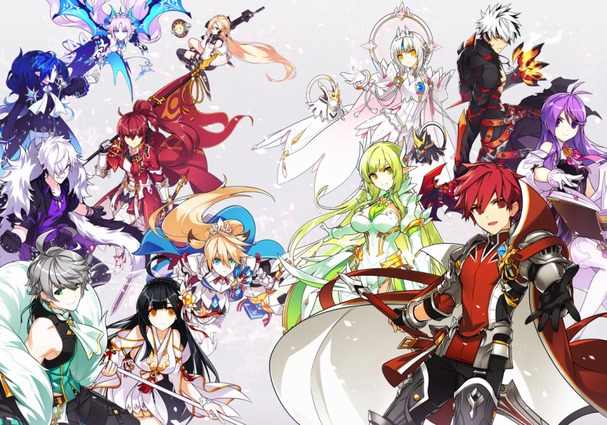 6+boys 6+girls add_(elsword) aether_sage_(elsword) ainchase_ishmael aisha_landar apsara_(elsword) aqua_eyes ara_haan armor black_hair blonde_hair blue_eyes blue_hair bluhen_(elsword) book breasts brown_hair cape chevalier_(elsword) chung_seiker ciel_(elsword) cleavage code:_esencia_(elsword) comet_crusader_(elsword) daybreaker_(elsword) demon_girl demon_wings doom_bringer_(elsword) elesis_(elsword) elf elsword elsword_(character) empire_sword_(elsword) epaulettes eve_(elsword) flag fur_collar fur_trim gloves green_hair grey_hair gun hair_ornament ishtar_(elsword) jacket knight_emperor_(elsword) long_hair luciela_r._sourcream mechanical_arms minerva_(elsword) multicolored_hair multiple_boys multiple_girls non-web_source official_art pointy_ears ponytail purple_eyes purple_hair rage_hearts_(elsword) raven_cronwell red_eyes red_hair rena_erindel rifle rose_(elsword) short_hair single_mechanical_arm sword tiara two-tone_hair very_long_hair weapon white_hair wings yellow_eyes