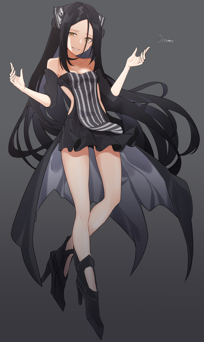 absurdres bad_id bad_pixiv_id black_footwear black_hair breasts cleavage clothing_cutout collarbone dreamer_(girls'_frontline) dress female full_body girls'_frontline grey_background hair_between_eyes half-closed_eye hands_up head_tilt headgear high_heels highres long_hair looking_at_viewer medium_breasts orn parted_lips sangvis_ferri side_cutout sidelocks signature simple_background smile smirk solo twintails very_long_hair white_hair yellow_eyes