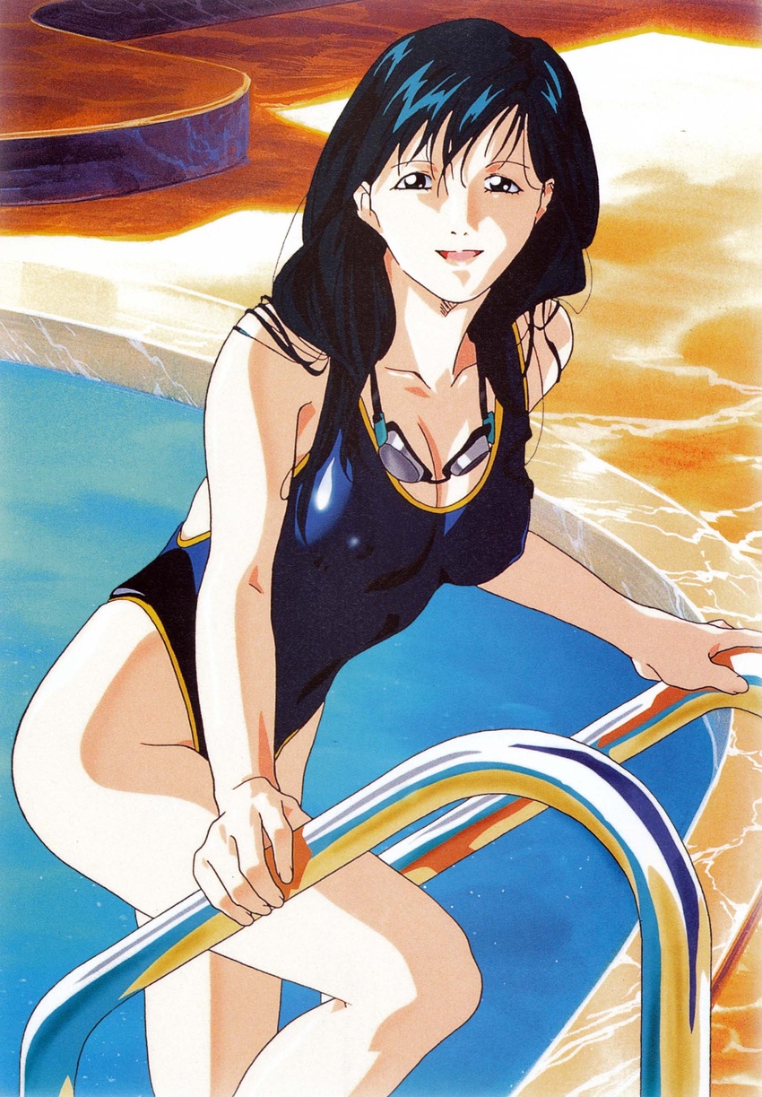 1990s_(style) absurdres black_hair blue_one-piece_swimsuit breasts cleavage collarbone covered_nipples female goggles goggles_around_neck highleg highleg_swimsuit highres kinomiya_yukari large_breasts long_hair looking_at_viewer non-web_source official_art one-piece_swimsuit open_mouth photoshop_(medium) pool retro_artstyle skindentation solo super_real_mahjong swimsuit tanaka_ryou