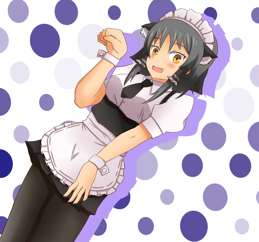 animal_ears apron bad_hands black_hair black_necktie black_pantyhose blush breasts brown_eyes cat_ears commentary_request cookie_(touhou) female hair_tubes hakurei_reimu highres large_breasts looking_at_viewer maid maid_apron maid_headdress necktie oerba_yun_fang open_mouth pantyhose paw_pose saibara_(flash-dyna-1994) sananana_(cookie) smile solo touhou wrist_cuffs