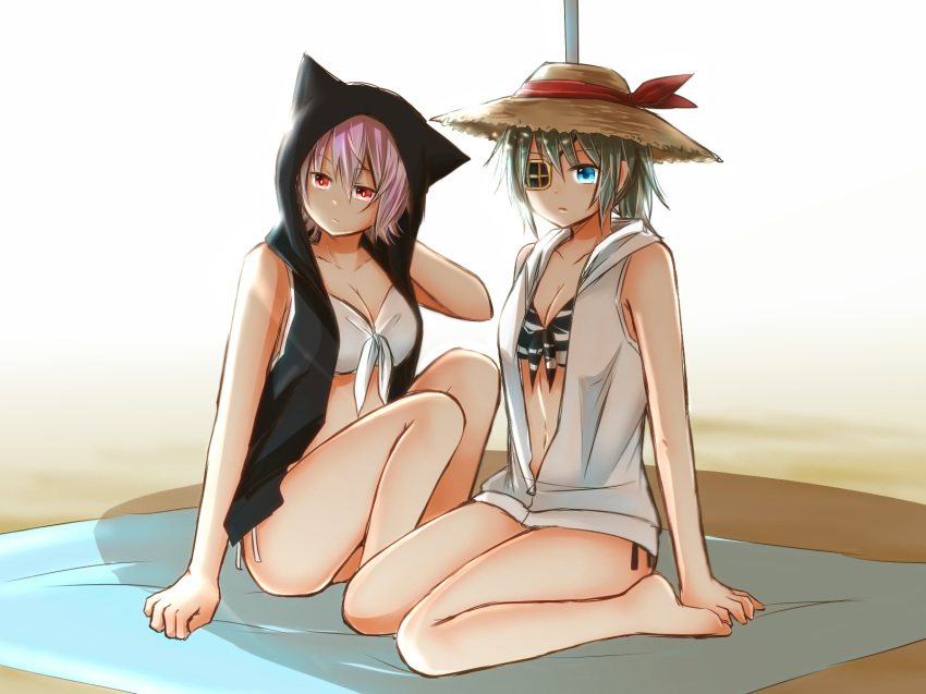 2girls animal_hood barefoot beach bikini black_hoodie blanket blue_eyes cat_hood commentary_request eyepatch green_hair hair_between_eyes hat highres hood hoodie kantai_collection kiso_(kancolle) multiple_girls navel open_clothes open_hoodie pink_hair red_eyes sitting sleeveless sleeveless_hoodie sorata_(sorairo_honpo) straw_hat striped_bikini striped_clothes swimsuit tama_(kancolle) wariza white_bikini white_hoodie