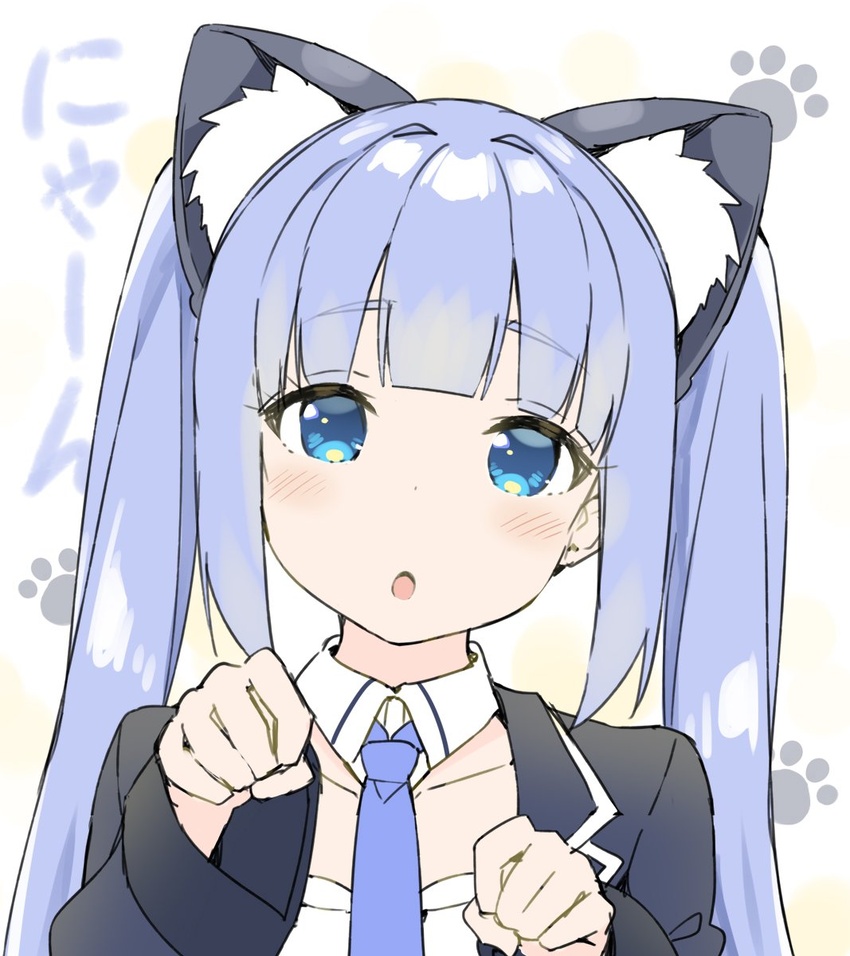 animal_ear_fluff animal_ears azur_lane bad_id bad_twitter_id black_jacket blue_eyes blue_necktie cat_day cat_ears collar commentary_request detached_collar female head_tilt highres inactive_account jacket light_purple_hair long_sleeves looking_at_viewer necktie open_mouth paw_pose paw_print portrait sky-freedom solo twintails vincennes_(azur_lane)