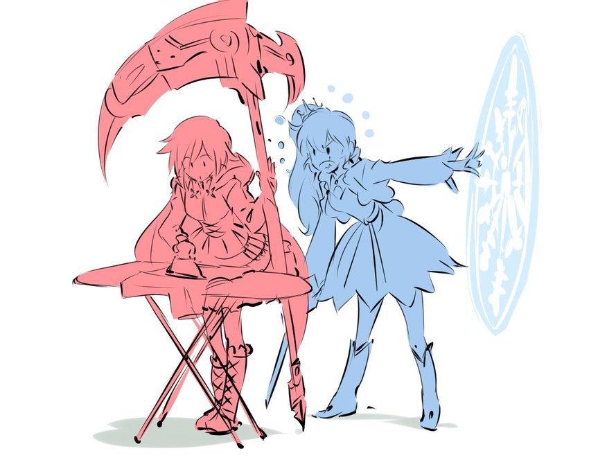 2girls angry color_connection commentary_request crescent_rose glyph iesupa ironing ironing_board multiple_girls myrtenaster ruby_rose rwby weiss_schnee