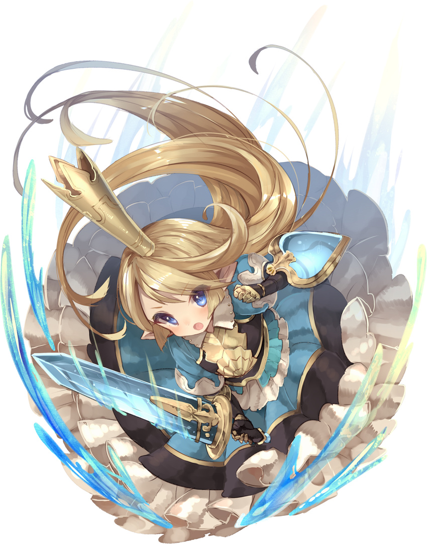 :o armor blonde_hair blue_dress blue_eyes blush breastplate buckler charlotta_(granblue_fantasy) collared_dress commentary_request crown dress eyebrows eyes_visible_through_hair female frilled_dress frills full_body gauntlets granblue_fantasy harvin highres holding holding_sword holding_weapon long_hair open_mouth pointy_ears puffy_short_sleeves puffy_sleeves shield short_sleeves solo sword transparent_background usamata v-shaped_eyebrows water weapon