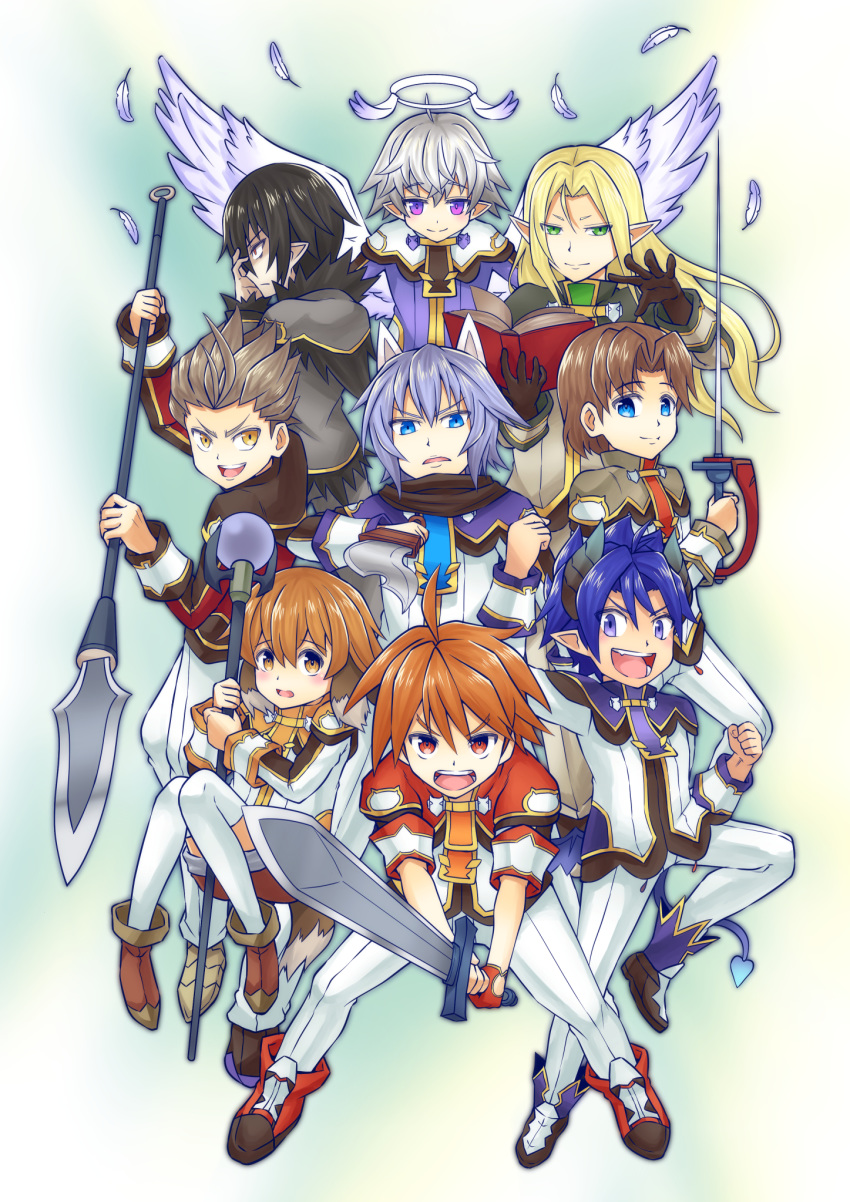 6+boys ahoge alvin_granford angel angel_wings black_hair blonde_hair blue_eyes blue_hair book brown_eyes brown_hair cat_boy commentary_request demon_boy demon_wings dog_boy dog_tail doumoto elf erik_burton feathered_wings full_body green_eyes grey_hair hair_between_eyes halo highres killian_phegor ledo_vassar light_blue_hair light_brown_hair low_wings luke_venus male_focus mikhail_lancelot mini_wings multiple_boys oerba_yun_fang pointy_ears pop-up_story selim_spark shinigami st._feles_gakuen_uniform sword tail weapon wings yellow_eyes yuuri_lessen ziz_glover