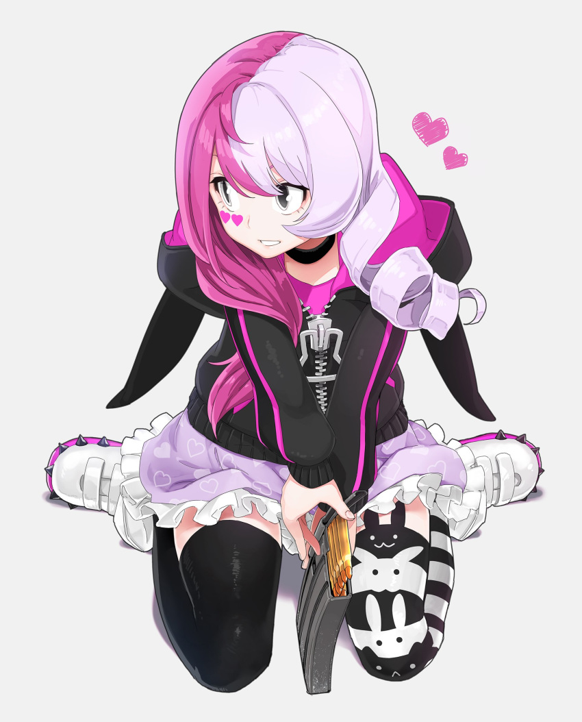 #compass animal_ear_legwear animal_print asymmetrical_hair asymmetrical_legwear black_legwear bullet choker commentary_request drill_hair female grey_background grey_eyes heart heart_print highres hood hoodie light_purple_hair long_hair magazine_(weapon) marking_on_cheek megumegu mismatched_legwear multicolored_hair oversized_zipper parted_lips pink_hair poaro print_thighhighs purple_skirt rabbit_print shoes simple_background single_drill sitting skirt smile solo spiked_footwear spiked_shoes spikes striped_clothes striped_thighhighs thighhighs two-tone_hair