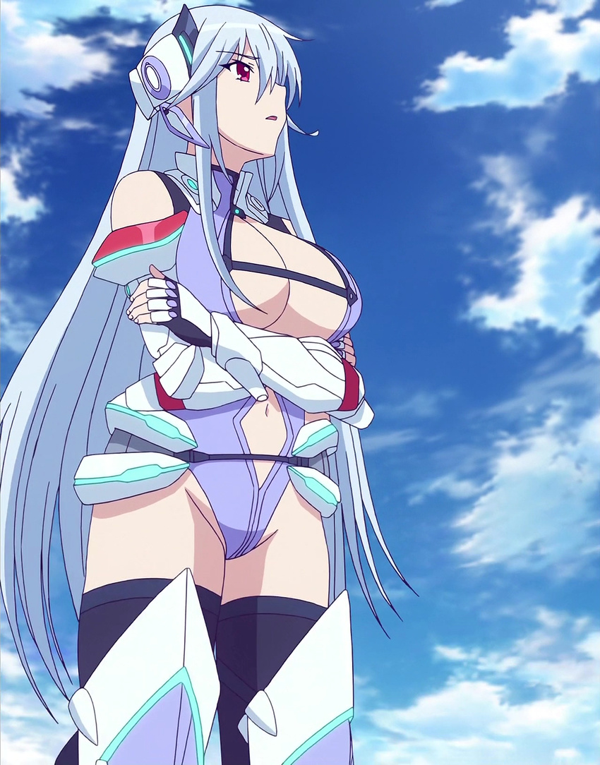 :o anime_screenshot armor bare_shoulders boots breasts chidorigafuchi_aine cleavage cleavage_cutout clothing_cutout cloud cowboy_shot day faulds female fingerless_gloves gloves glowing greaves grey_hair groin hair_between_eyes halterneck headgear highleg highleg_leotard highres large_breasts leotard long_hair looking_to_the_side masou_gakuen_hxh navel navel_cutout neon_trim outdoors parted_lips pink_eyes profile sidelocks sky standing thigh_boots thighhighs turtleneck vambraces very_long_hair