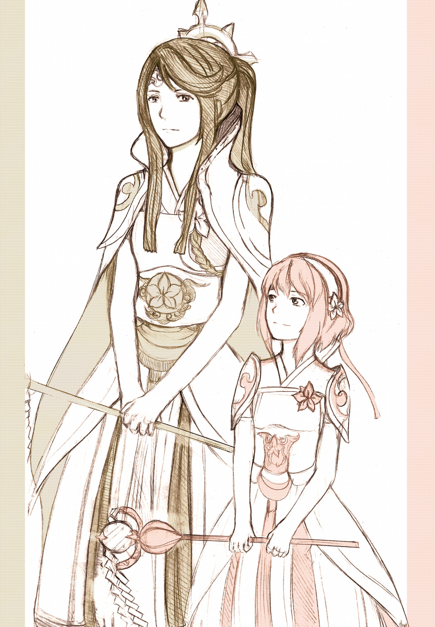 2girls absurdres black_hair capelet comb commentary_request dress expressionless fire_emblem fire_emblem_fates hairband highres light_smile limited_palette long_hair mikoto_(fire_emblem) mother_and_daughter multiple_girls obi phsnt pink_hair ponytail sakura_(fire_emblem) sash short_hair sidelocks simple_background staff traditional_media