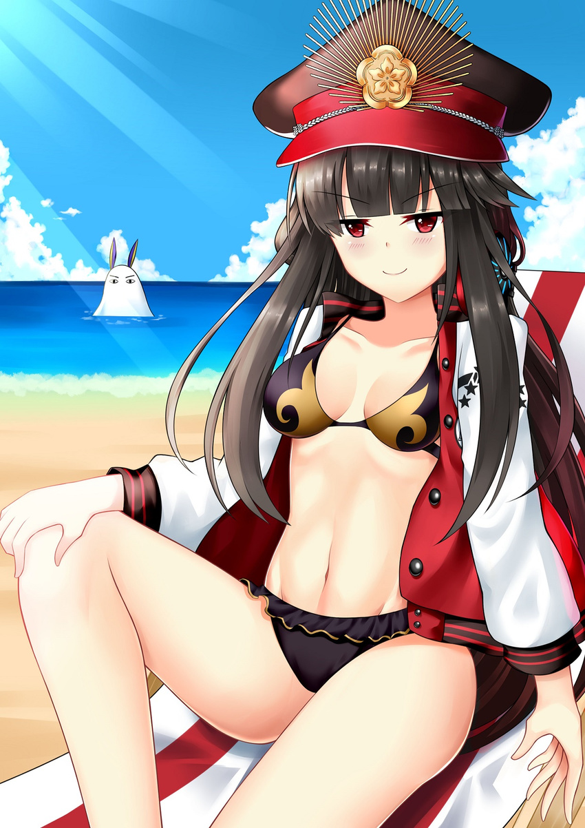 >:) beach bikini black_bikini black_hair blue_sky chair cloud commentary_request day fate/grand_order fate_(series) female frilled_bikini frills hat highres horizon jacket koha-ace letterman_jacket long_hair looking_at_viewer lounge_chair medjed_(fate) multicolored_clothes multicolored_jacket oda_nobunaga_(fate) oda_nobunaga_(swimsuit_berserker)_(fate) oda_nobunaga_(swimsuit_berserker)_(first_ascension)_(fate) oda_nobunaga_(swimsuit_berserker)_(second_ascension)_(fate) outdoors peaked_cap photoshop_(medium) red_eyes sitting sky smile swimsuit two-tone_jacket v-shaped_eyebrows yan_lie