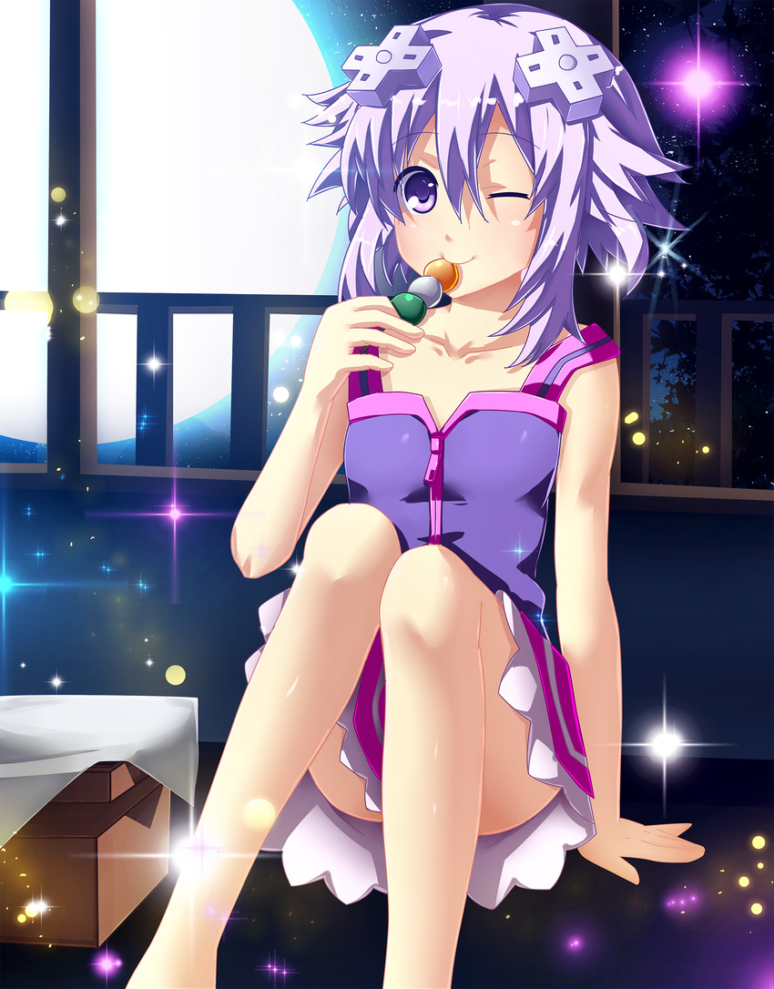 commentary d-pad d-pad_hair_ornament dango eating english_commentary female food hair_ornament highres looking_at_viewer moon neptune_(neptunia) neptune_(series) one_eye_closed planeptune purple_eyes purple_hair short_hair sitting skewer smile solo star_(sky) wagashi zipper