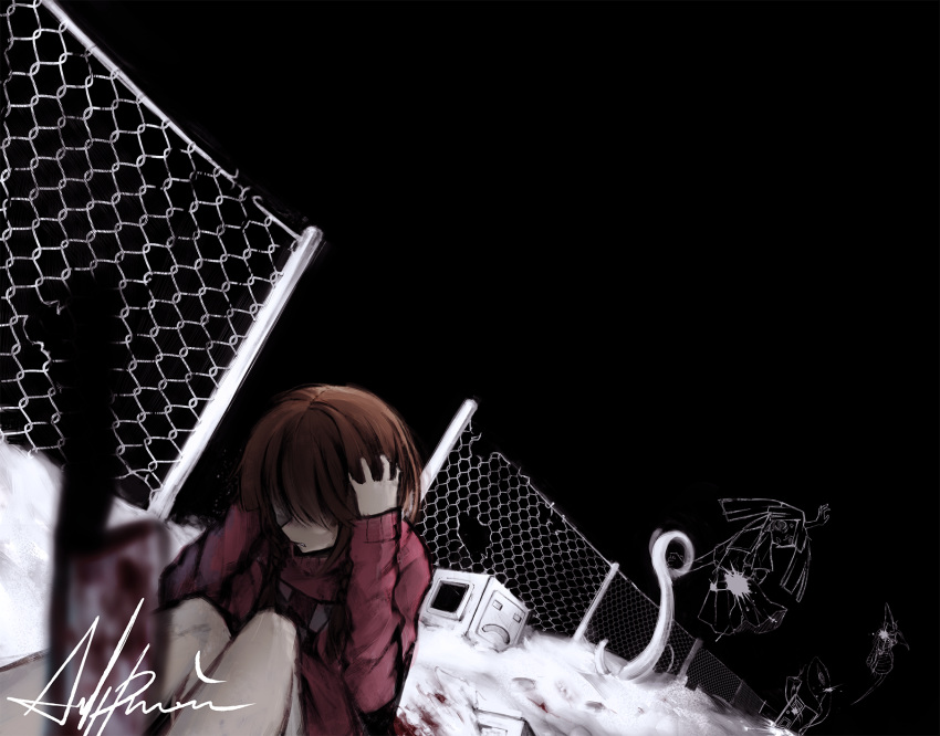 2girls anhypnosis artist_name black_background blood blurry brown_hair checkered_clothes checkered_shirt commentary_request cube dark door fence frown hands_on_own_head highres kasei-san kitchen_knife knees_to_chest knife madotsuki monoko multiple_girls open_door pink_shirt plant red_skirt shirt signature skirt smiley_face tokuto-kun toriningen yume_nikki