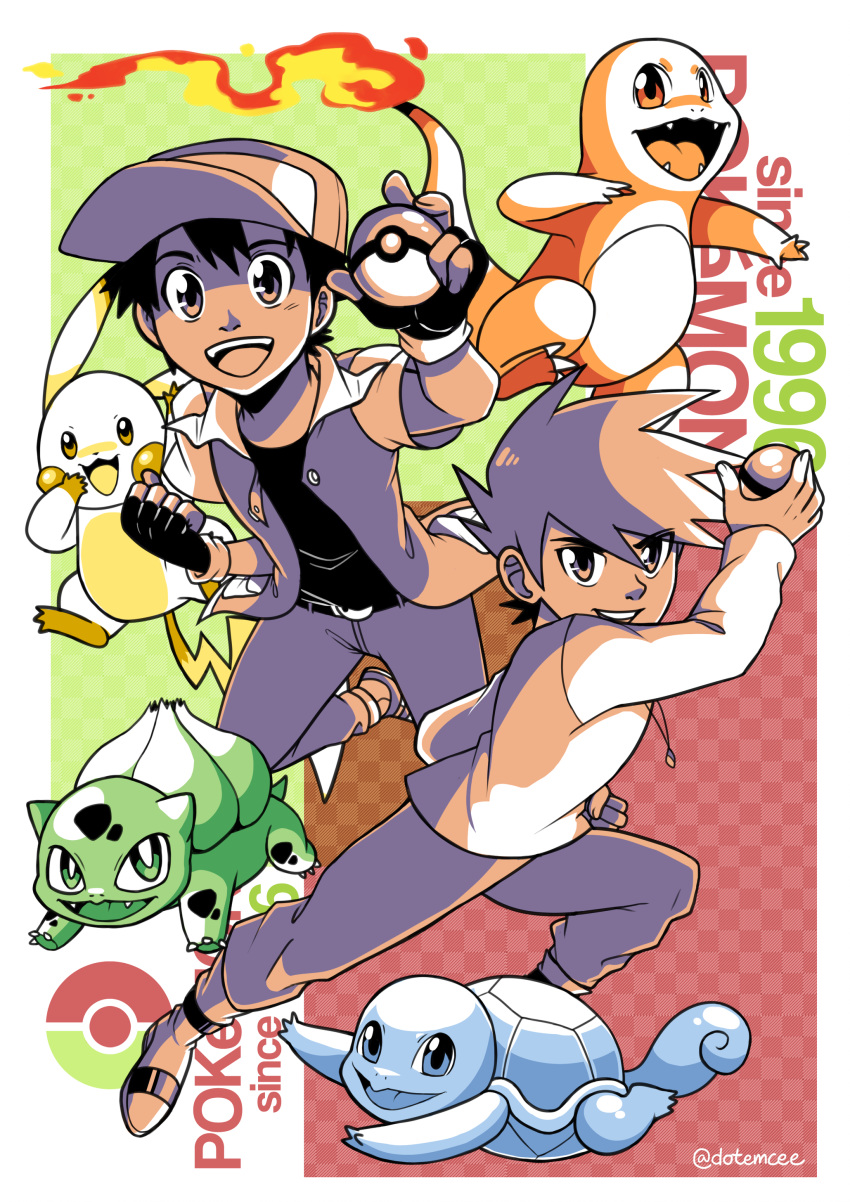 2boys absurdres bad_deviantart_id bad_id ball baseball_cap belt blue_oak buckle bulbasaur charmander checkered_background commentary emcee english_commentary english_text fangs fire flame-tipped_tail full_body hat highres holding holding_ball holding_poke_ball jewelry long_sleeves looking_at_viewer male_focus multiple_boys multiple_monochrome pants parody pendant pikachu poke_ball poke_ball_(basic) pokemon pokemon_(creature) pokemon_rgby red_(pokemon) shoes short_sleeves signature spiked_hair squirtle starter_pokemon_trio style_parody tail