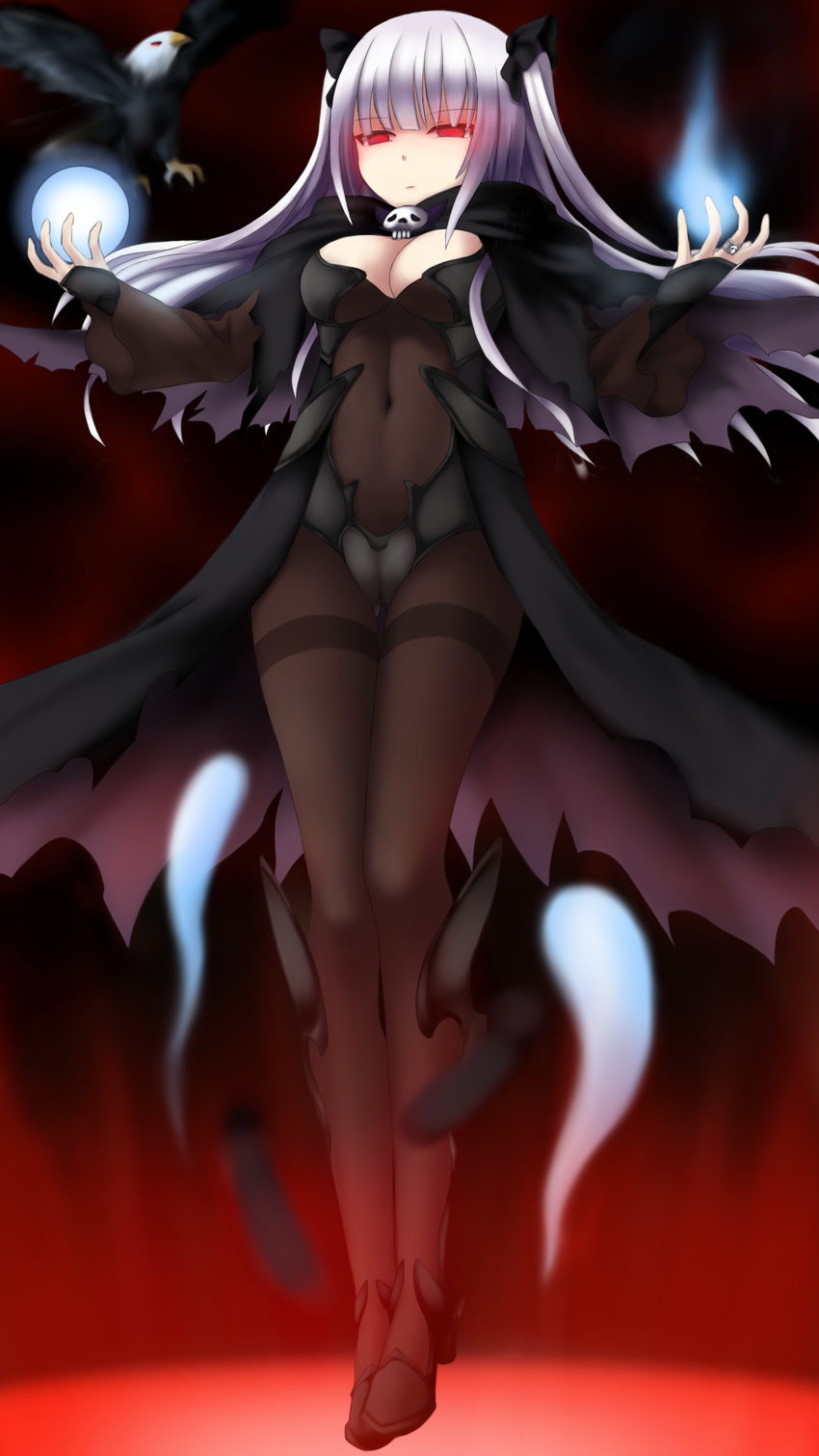 bell_mccamp_(warship_girls_r) bird black_bodysuit black_cape black_pantyhose bodysuit breasts cape cleavage commentary_request corrupted_metadata covered_navel eagle enemy_vessel_(warship_girls_r) essex_(warship_girls_r) feathers female floating floating_hair full_body glowing glowing_eyes hair_ornament highres hitodama jewelry lanse_dai_mao long_hair medium_breasts pantyhose red_eyes ring skull solo thighband_pantyhose two_side_up warship_girls_r white_hair