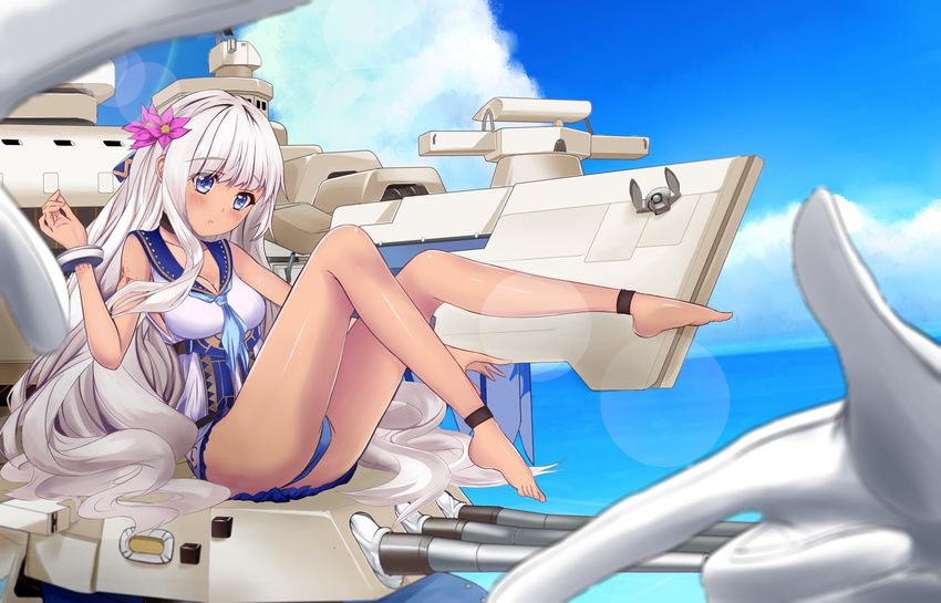 :o absurdres ankleband anklet bare_legs bare_shoulders barefoot blue_eyes blue_panties blush choker cloud commentary_request day female finger_frame flower gloves hair_flower hair_ornament hands highres jewelry legs_up lens_flare long_hair looking_at_viewer military military_vehicle ocean panties pantyshot ship sitting sky solo south_dakota_(warship_girls_r) tan tattoo underwear very_long_hair victorvw warship warship_girls_r watercraft wavy_hair white_gloves white_hair wristband