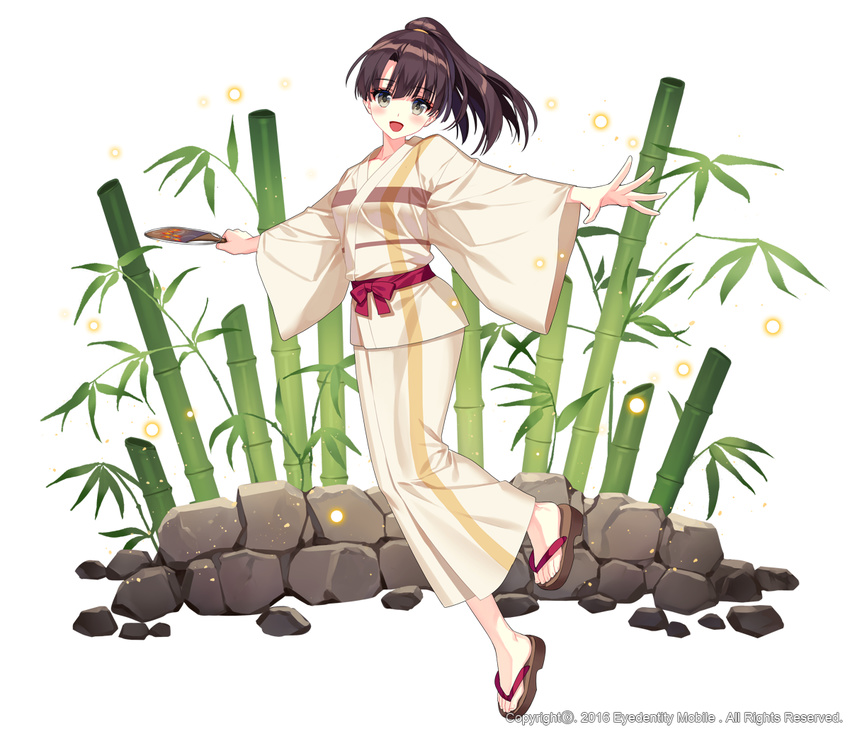 :d bamboo brown_eyes brown_hair commentary_request female floating_hair full_body hand_fan high_ponytail holding holding_fan japanese_clothes katou_megumi kimono long_hair looking_at_viewer open_mouth outstretched_arms paper_fan red_ribbon ribbon saenai_heroine_no_sodatekata sandals simple_background smile solo srb7606 uchiwa white_background yukata zouri