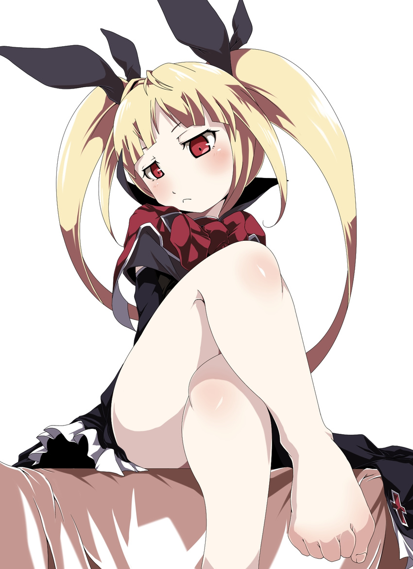 barefoot blazblue blonde_hair blush bow diabolic-mario eyebrows feet female female gothic_lolita hair_ornament hair_ribbon lolita_fashion long_twintails rachel_alucard ribbon shiny shiny_hair shiny_skin simple_background sitting solo vampire very_long_hair white_background