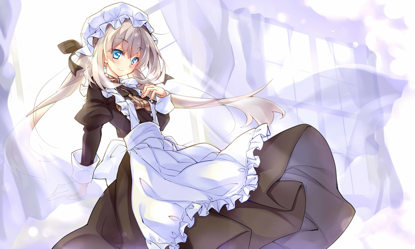 apron black_hair black_ribbon blue_eyes commentary_request eyebrows fate/grand_order fate_(series) female grey_hair hair_ribbon highres long_hair maid marie_antoinette_(animejapan_2016)_(fate) marie_antoinette_(fate) narumiya_(empty_cafe) official_alternate_costume ribbon see-through smile solo twintails white_apron