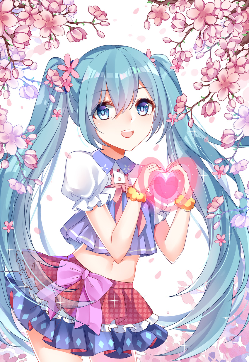 absurdres aqua_hair bad_id bad_pixiv_id blue_eyes cherry_blossoms chuor_(chuochuoi) female hatsune_miku heart highres long_hair midriff open_mouth photoshop_(medium) skirt solo twintails very_long_hair vocaloid