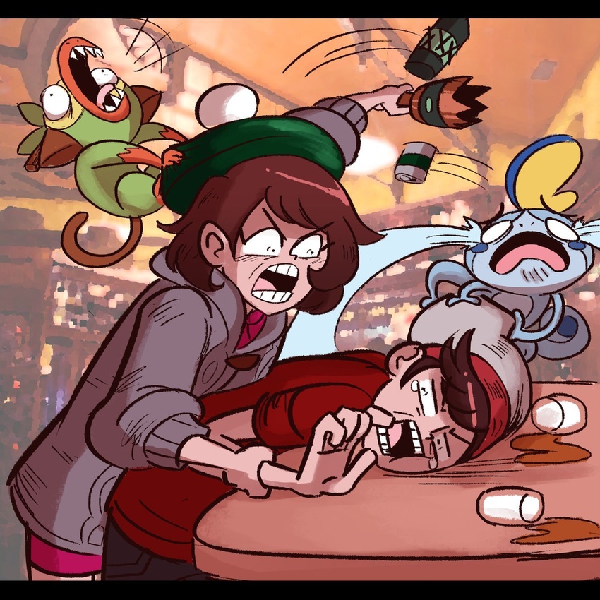 1boy angry animal beanie beret bottle brown_eyes brown_hair creatures_(company) crying eyebrows female female_protagonist_(pokemon_swsh) game_freak gen_8_pokemon grookey hat highres male_protagonist_(pokemon_swsh) matching_hair/eyes nintendo open_mouth pokemon pokemon_swsh shirt short_hair skirt sobble tail teeth weapon