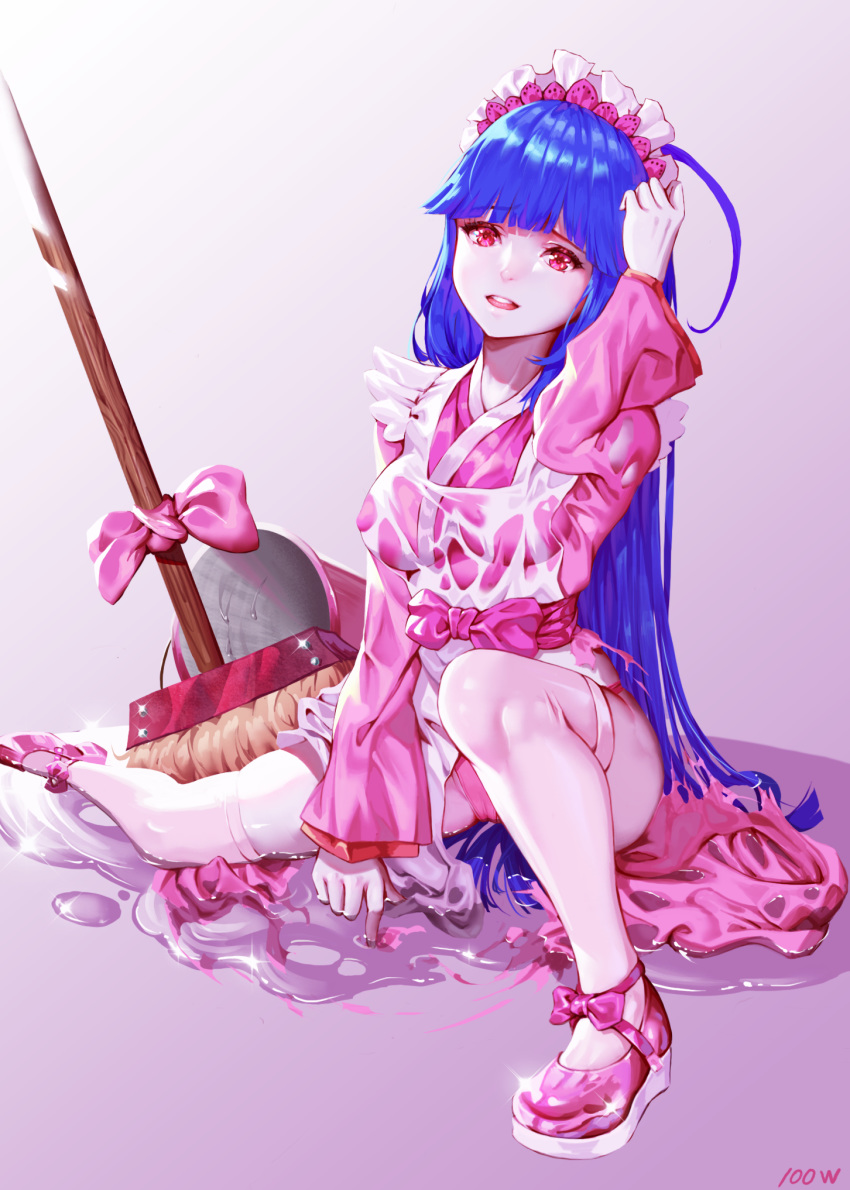 :o alternate_costume blue_hair bow broom bucket chinese_commentary commentary_request crusaders_quest enmaided female hand_up highres long_hair maid maid_headdress panties pantyshot pink_bow pink_eyes pink_footwear pink_panties puddle sitting solo thighhighs underwear very_long_hair wangxiii wet wet_clothes white_thighhighs