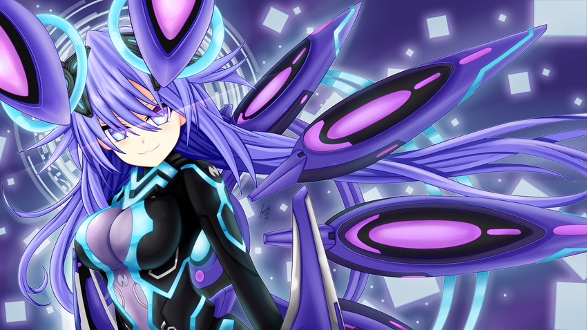 +_+ bangs blue_eyes blush bodysuit braid breasts cundodeviant female flipped_hair gloves hair_between_eyes headgear highres large_breasts light_particles long_hair looking_at_viewer neon_trim neptune_(series) next_purple purple_hair raised_eyebrows shin_jigen_game_neptune_vii skin_tight solo standing symbol-shaped_pupils tied_hair turtleneck very_long_hair wavy_hair