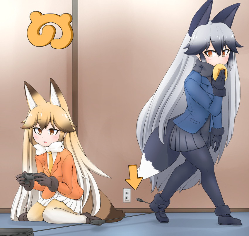 2girls animal_ears arm_at_side arrow_(symbol) black_bow black_bowtie black_footwear black_gloves black_hair black_necktie black_skirt blazer blonde_hair blush bow bowtie brown_eyes brown_footwear brown_gloves commentary_request controller electric_plug electrical_outlet ezo_red_fox_(kemono_friends) food fox_ears fox_tail fur_trim game_controller gamepad gloves grey_hair hair_between_eyes highres holding holding_food jacket japari_bun japari_symbol kagura_roku kemono_friends loafers long_hair long_sleeves multicolored_hair multiple_girls necktie on_floor pantyhose parted_lips playing_games pleated_skirt shoes silhouette silver_fox_(kemono_friends) sitting skirt tail unplugged very_long_hair walking wariza white_bow white_bowtie white_hair white_skirt yellow_bow yellow_necktie