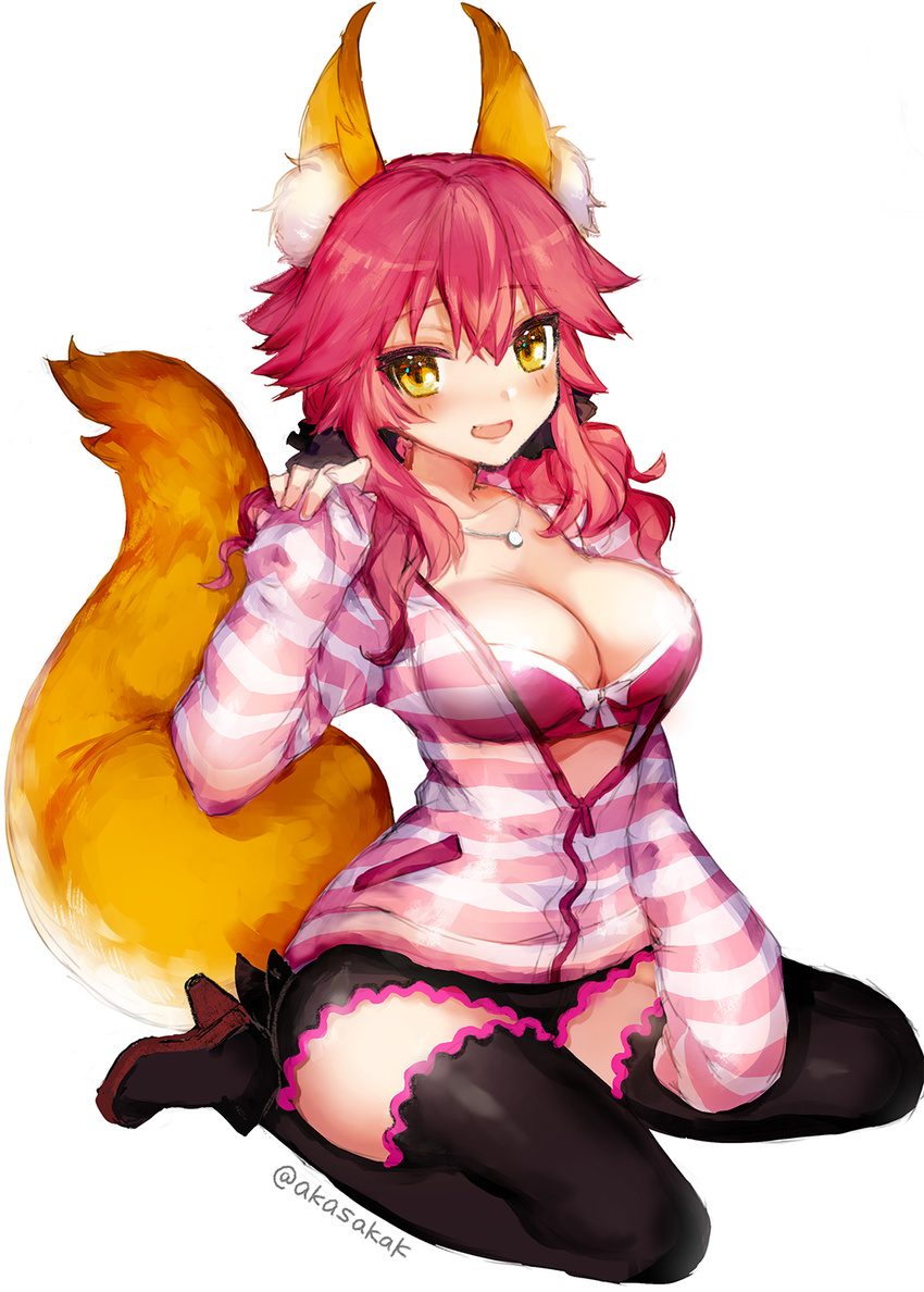 :d akasakak animal_ears black_thighhighs blush boots breasts cleavage commentary_request fate/extra fate_(series) female fox_ears fox_tail high_heels highres jewelry large_breasts necklace official_alternate_costume open_mouth pink_hair simple_background sitting smile solo tail tamamo_(fate) tamamo_no_mae_(fate/extra) tamamo_no_mae_(spring_casual)_(fate) thighhighs wariza white_background yellow_eyes