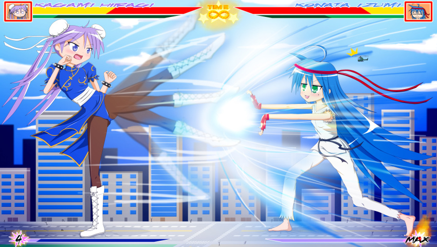 2girls absurdres barefoot battle blue_dress blue_eyes blue_hair boots bracelet bun_cover china_dress chinese_clothes chun-li chun-li_(cosplay) commentary cosplay crossover dougi dress duel english_commentary fake_screenshot fighting_stance giant giantess gloves green_eyes hadouken headband health_bar highres hiiragi_kagami izumi_konata jenny_secret jewelry kicking lucky_star multiple_girls pantyhose parody pelvic_curtain photoshop_(medium) profile_picture puffy_short_sleeves puffy_sleeves purple_hair red_gloves ryu_(street_fighter) ryu_(street_fighter)_(cosplay) short_sleeves spiked_bracelet spikes street_fighter twintails white_footwear