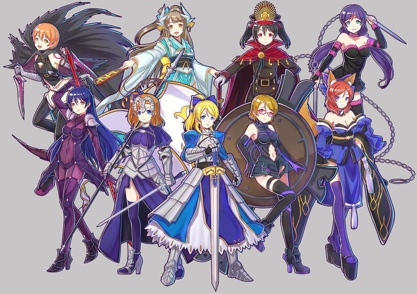 6+girls :d aqua_bow aqua_kimono arm_up armor armored_boots armored_dress artoria_pendragon_(fate) ayase_eli bandages banner belt black_dress black_footwear black_gloves black_hair black_hat black_thighhighs blonde_hair blue_bow blue_dress blue_eyes blue_hair blue_thighhighs bodysuit boots bow breasts breasts_apart brown_eyes brown_hair chains cleavage clothing_cutout commentary cosplay covered_navel detached_sleeves dress dual_wielding elbow_gloves facial_mark fate/grand_order fate_(series) floating_hair full_body gauntlets glasses gloves grey_background grey_gloves hair_between_eyes hair_ribbon hairbow hand_on_own_hip hat high_heels high_ponytail highres holding holding_sword holding_weapon hoshizora_rin jack_the_ripper_(fate/apocrypha) jack_the_ripper_(fate/apocrypha)_(cosplay) japanese_clothes jeanne_d'arc_(fate) jeanne_d'arc_(ruler)_(fate) jeanne_d'arc_(ruler)_(fate)_(cosplay) kelinch1 kimono kiyohime_(fate) kiyohime_(fate)_(cosplay) koizumi_hanayo kosaka_honoka leg_up long_hair looking_at_viewer lord_camelot_(fate) love_live! love_live!_school_idol_project mash_kyrielight mash_kyrielight_(cosplay) medium_breasts medusa_(fate) medusa_(rider)_(fate) medusa_(rider)_(fate)_(cosplay) midriff military military_uniform minami_kotori multiple_girls nameless_dagger_(fate) navel navel_cutout nishikino_maki obi oda_nobunaga_(fate) oda_nobunaga_(koha-ace) oda_nobunaga_(koha-ace)_(cosplay) one_side_up open_mouth orange_eyes orange_hair polearm purple_eyes purple_hair purple_legwear red-framed_eyewear red_hair red_ribbon ribbon saber_(fate) saber_(fate)_(cosplay) sash scathach_(fate) scathach_(fate)_(cosplay) sheath sheathed short_dress simple_background sleeveless sleeveless_dress smile sonoda_umi spear standing stomach strapless strapless_dress sword tamamo_(fate) tamamo_no_mae_(fate/extra) tamamo_no_mae_(fate/extra)_(cosplay) thigh_boots thighhighs tojo_nozomi tube_dress twintails uniform very_long_hair visor_cap weapon white_background white_legwear yazawa_nico yellow_footwear