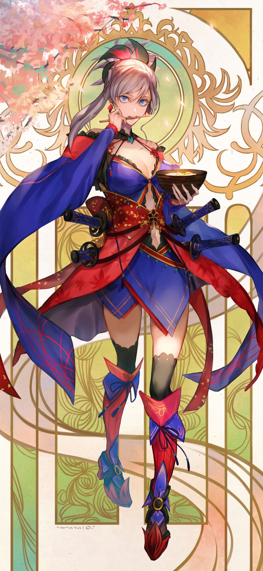 absurdres asymmetrical_hair bare_shoulders black_thighhighs blue_eyes blue_kimono bowl breasts chopsticks chopsticks_in_mouth cleavage clothing_cutout commentary_request detached_sleeves earrings fate/grand_order fate_(series) female flag_print food full_body grey_hair hair_ornament high_heels highres holding holding_bowl japanese_clothes jewelry katana kimono large_breasts leaf_print long_hair looking_at_viewer magatama maple_leaf_print miyamoto_musashi_(fate) miyamoto_musashi_(third_ascension)_(fate) multiple_swords navel navel_cutout noodles obi ponytail ramen revision sash sheath sheathed shin_guards short_kimono single_sidelock sleeveless sleeveless_kimono solo swept_bangs sword tamayai thighhighs thighs weapon wide_sleeves