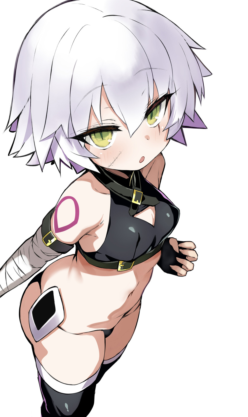 absurdres bandaged_arm bandages bare_shoulders black_gloves black_panties black_thighhighs black_vest breasts cropped_vest fate/apocrypha fate_(series) female fingerless_gloves gloves green_eyes hair_between_eyes highres jack_the_ripper_(fate/apocrypha) looking_at_viewer navel open_mouth panties scar scar_across_eye scar_on_cheek scar_on_face shimejinameko short_hair shoulder_tattoo small_breasts solo tattoo thighhighs thighs underwear vest white_hair