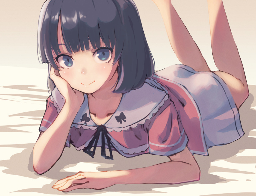 bed bed_sheet black_eyes black_hair black_ribbon blunt_bangs bob_cut closed_mouth feet_up female frills hand_on_own_face highres himenogi_rinze looking_at_viewer love_r love_r_kiss lying on_bed on_stomach pink_shirt ribbon sailor_collar saisho_no_nakama shirt short_hair simple_background skirt smile solo white_background